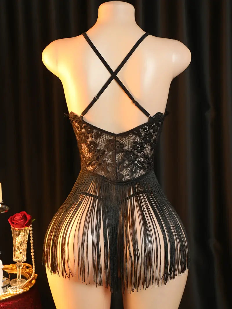 Sexy Dress Set Lace Printed Fringed Nightgown Set Ladies Erotic Costume Sexy Pajamas, Nightgown Set