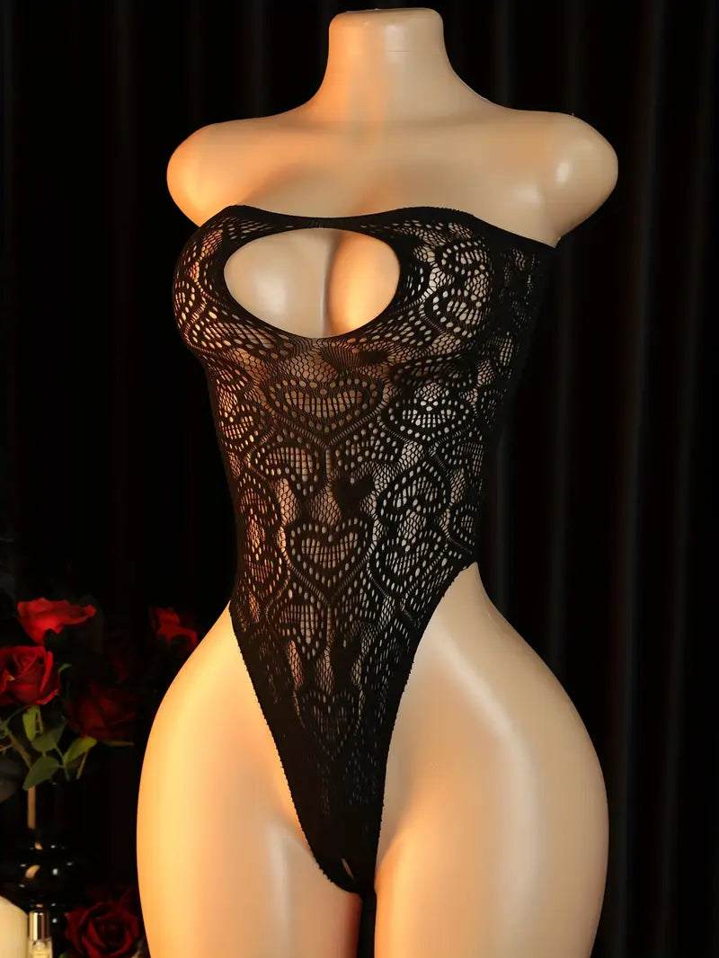 Sexy Black Hollow Heart Bustier Off-Shoulder Backless Bodysuit