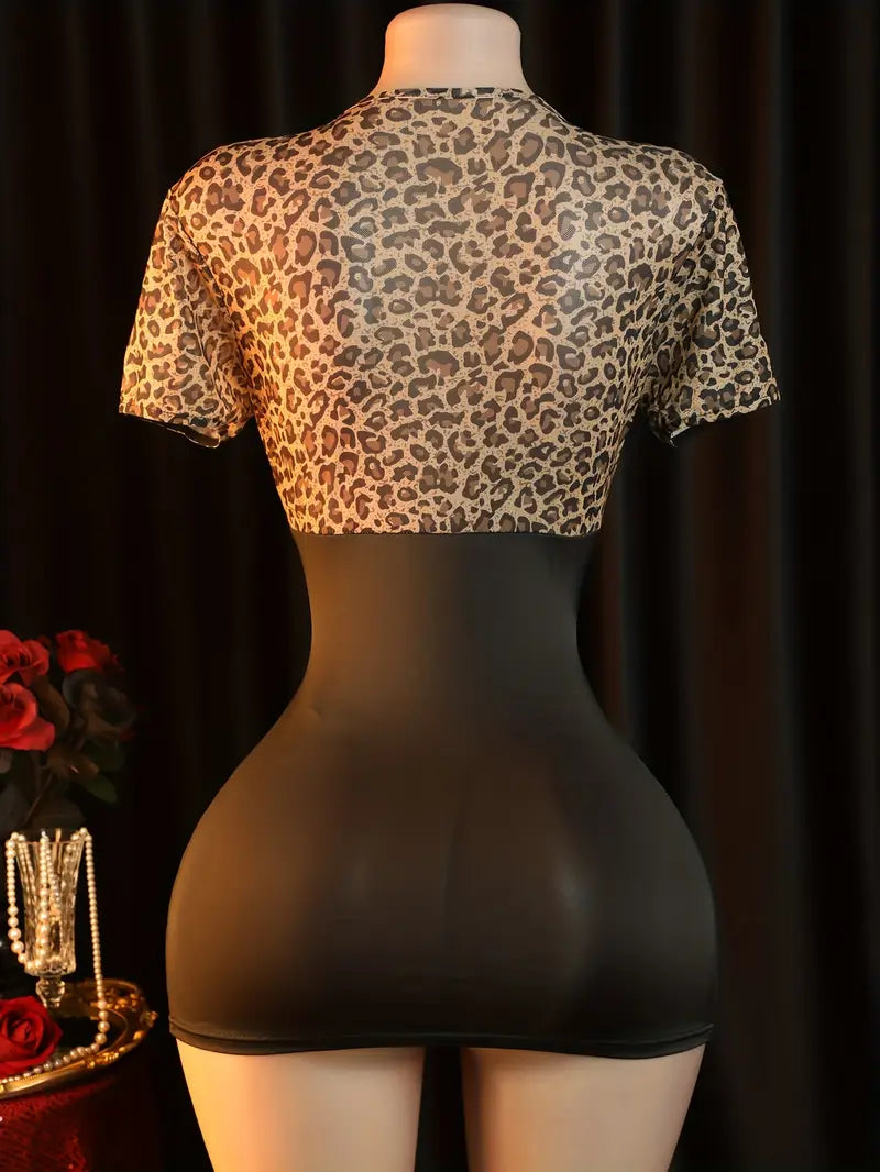 Sexy Dress Set Seductive Leopard Printed See-through Lace-up Skirt Women's Erotic Costume Sexy Dress Set