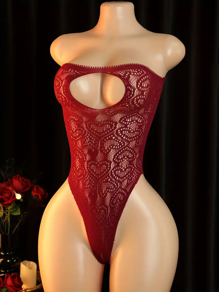 Sexy burgundy lace-up heart cutout strapless off-shoulder backless bodysuit