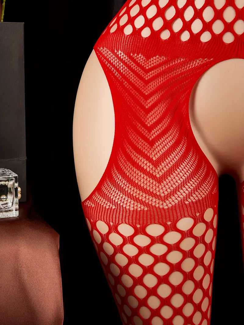 Red open halterneck big hole one-piece mesh suit, sexy suspender fish net tights, openwork see-through sleeveless mesh jumpsuit, women's sexy underwear and panties