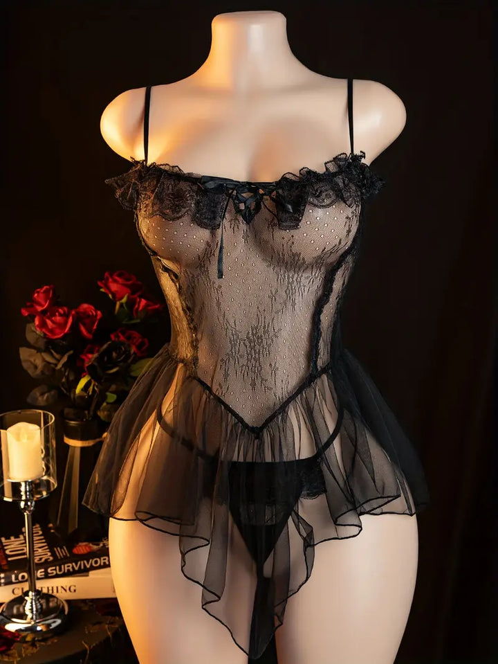 Erotic Lingerie Sexy Hot Lace See-Through Seduction Sundress Big Open Back Pajamas Bed Passion Suit Dress Lost Sexy Doll Dress Bold Erotic Outfit Revealing Seductive Mesh Lingerie (Includes: Dress + T-Pants)