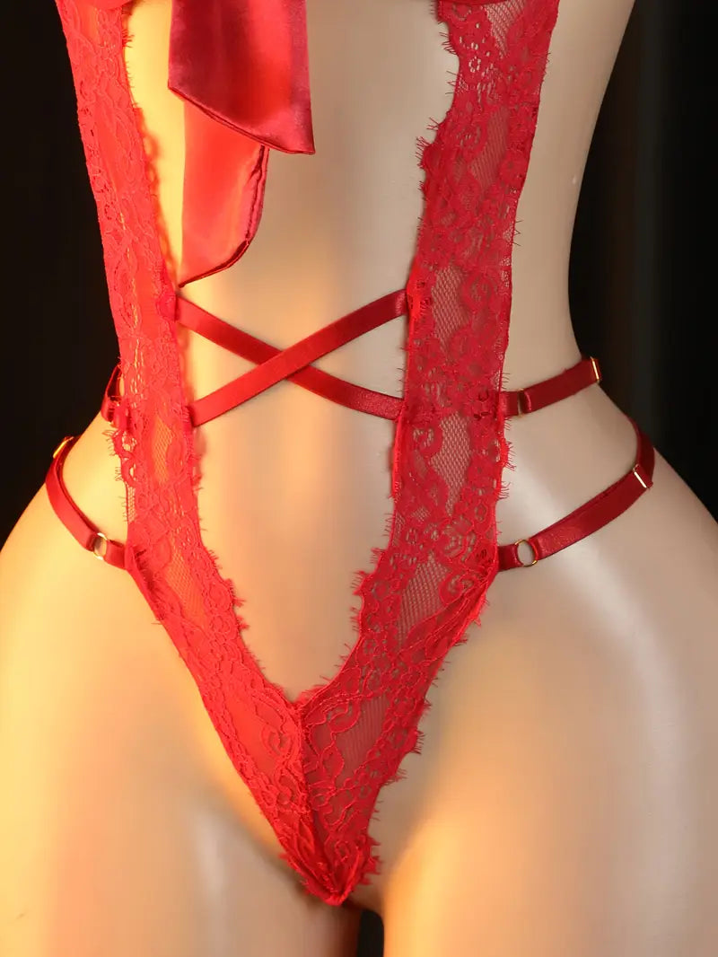 Women's sexy tight-fitting bodysuit, solid color hollow-out bodysuit, sexy cut-out chest revealing bodysuit, a must-have for romantic nights