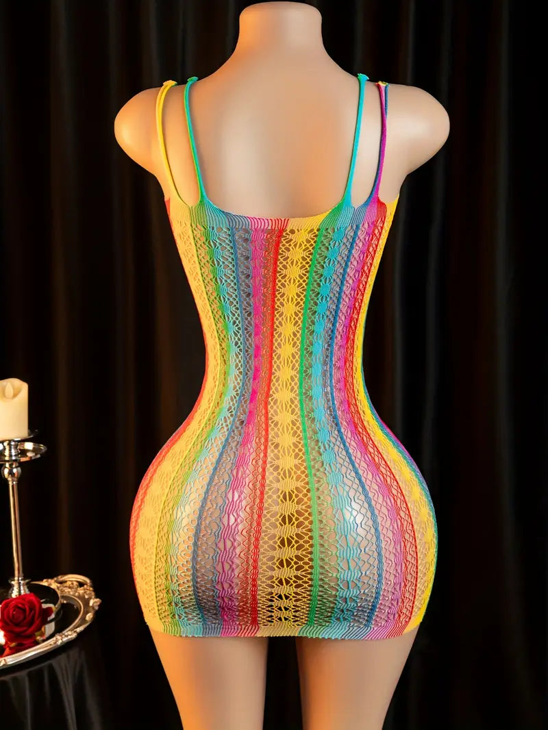Sexy Bodystocking Bodysuit Lingerie Seductive Hollow Out Colorful Striped One-Piece Mesh Dress One-Piece Stockings Women'S Clothing Sexy Fishnet Jumpsuits Bodystocking