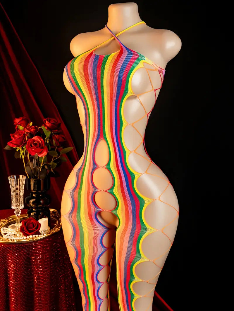 Sexy rainbow multicolor side-cutout teddy bodysuit
