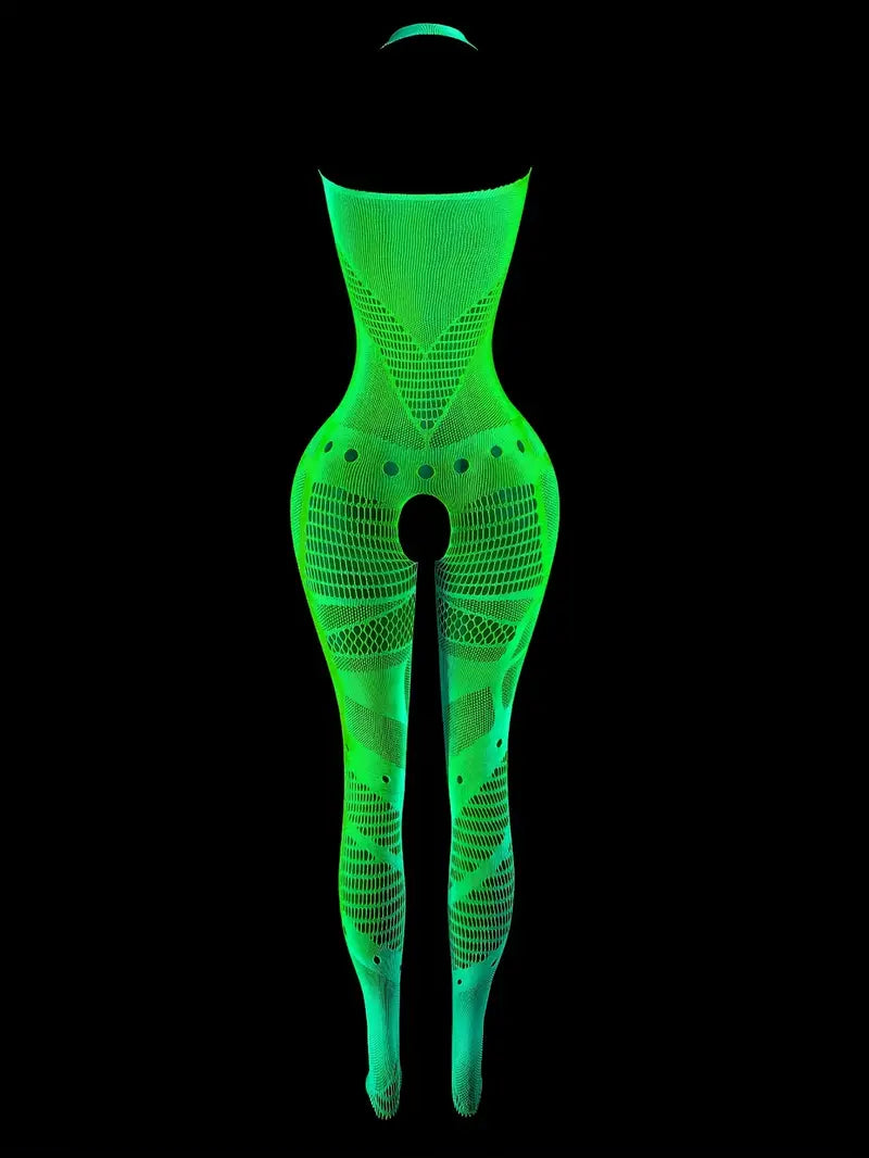 Sexy one-piece suit, luminous green open-crotch bodysuit that glows in the dark