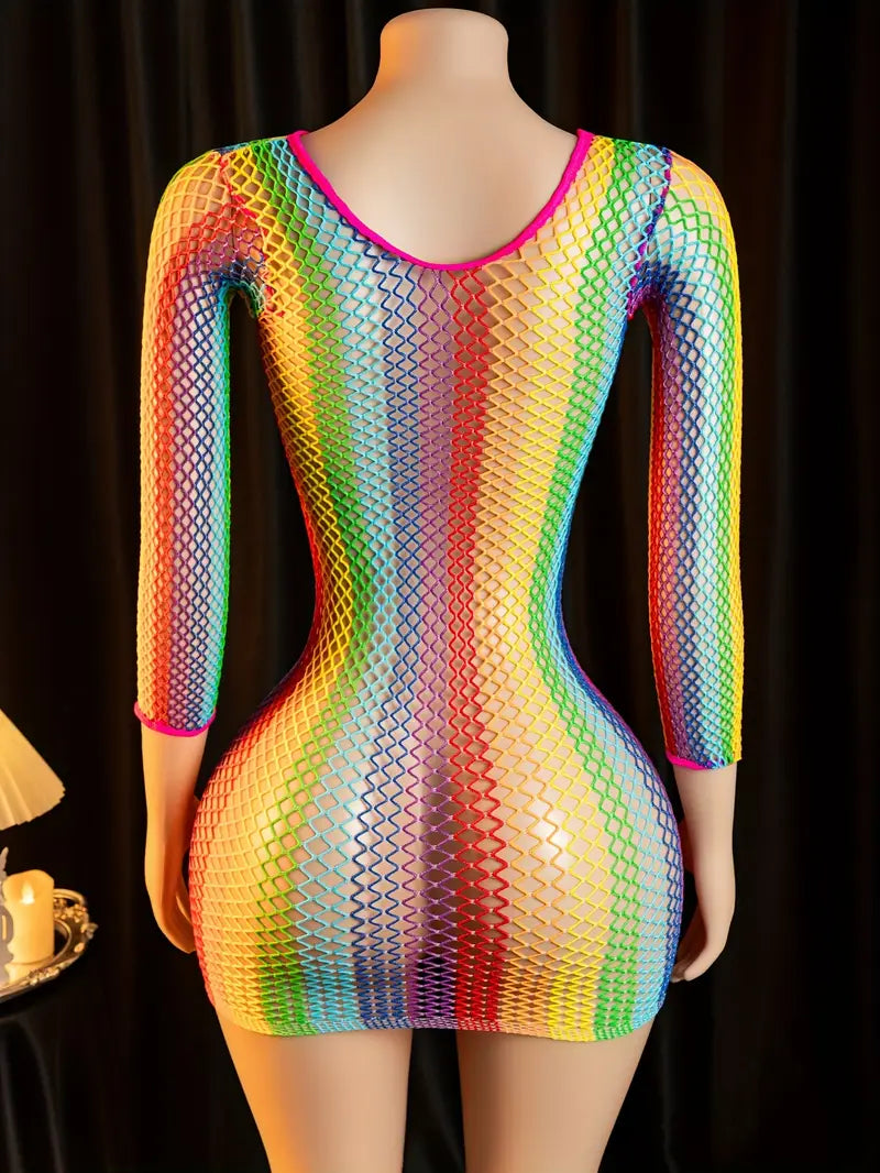 Women Sexy Lingerie Bodystocking Seductive Hollow Out Colorful Large Mesh Long Sleeve Hipster Dress Fishing Net Colorful Sexy Mesh Clothes, Mesh Stockings Ladies Erotic Costumes Erotic Bodysuit, Body Stockings