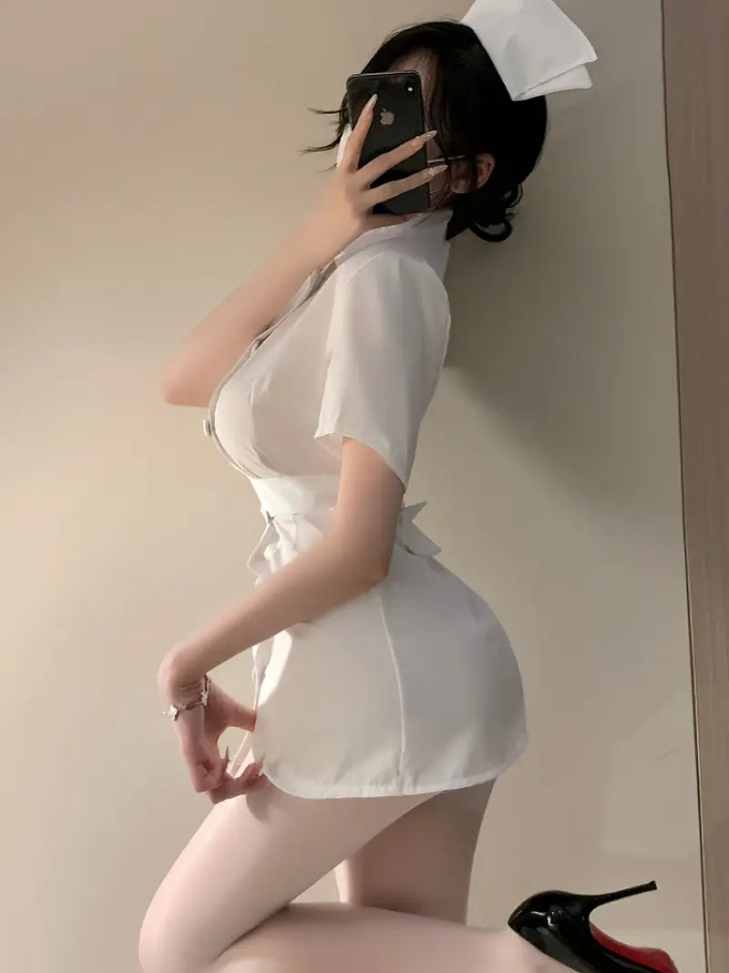 Sexuality Sexy Lingerie White Nurse Uniform Set Waist Wrap Hip Dress See-through Temptation Pajamas Cosplay Passion Set Stripless Bold Erotic Costume Tone Seductive Underwear Panties Pure Lust Style (Including: Dress + Hat + T-Pants + Belt)