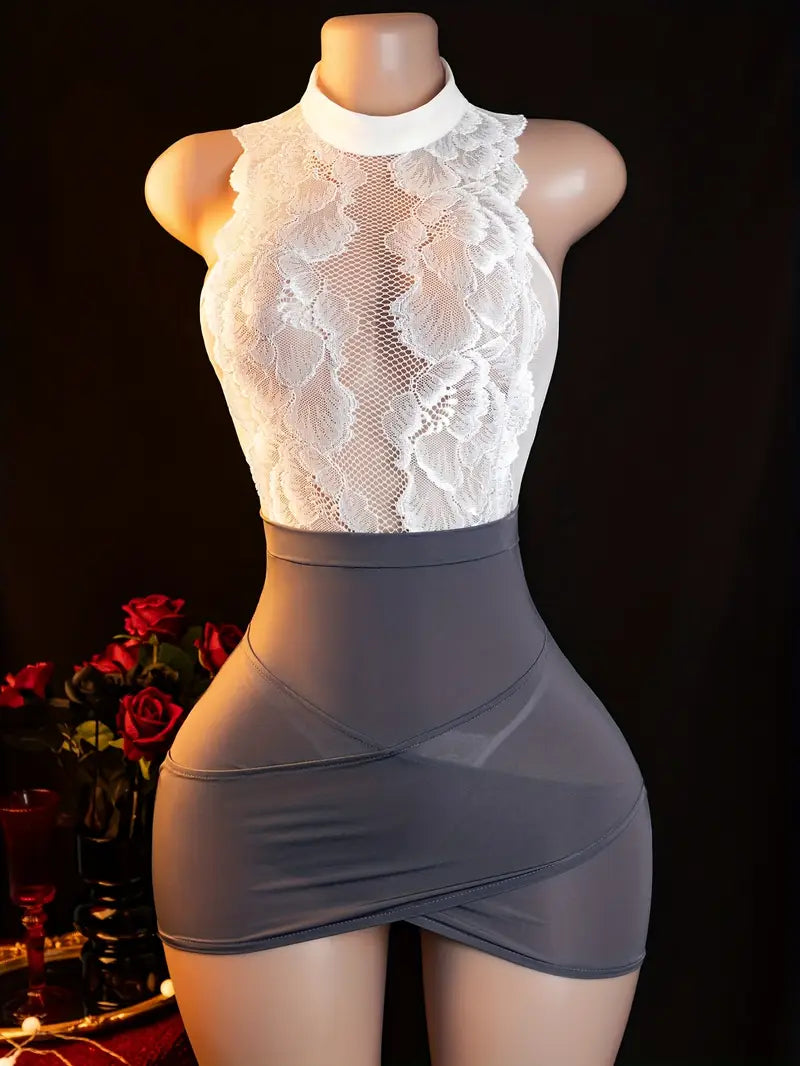 Erotic underwear new sexy see-through pure desire secretary outfit lace hip skirt one-piece suit uniform seduction suit dating battle robe dress on the bed free to take off passionate pajamas pure uniform set (including: hip skirt + T-pants)