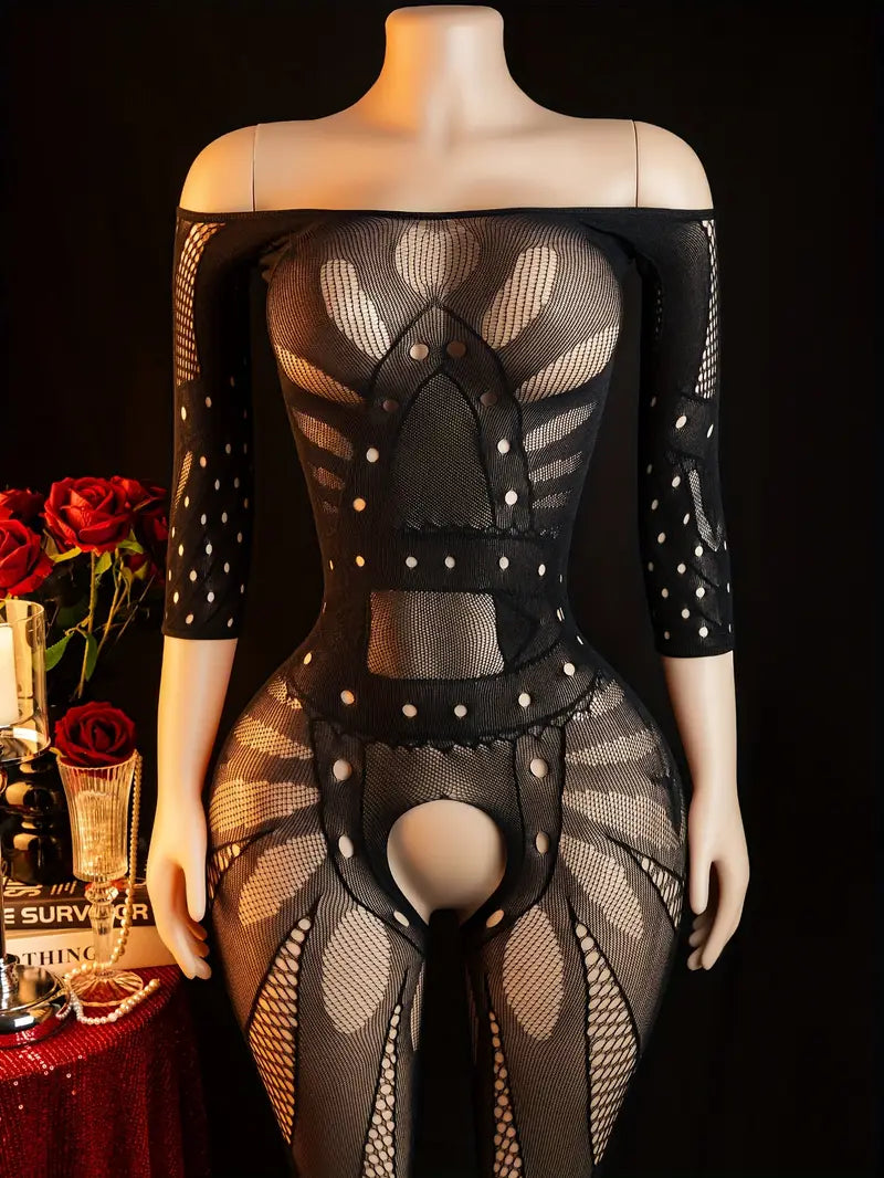 Erotic lingerie, sexy open bandeau big hole one-piece mesh, suspender fishnet tights, openwork see-through sleeveless mesh bodysuit, bold erotic costume exposing exotic seductive lingerie date battle gown