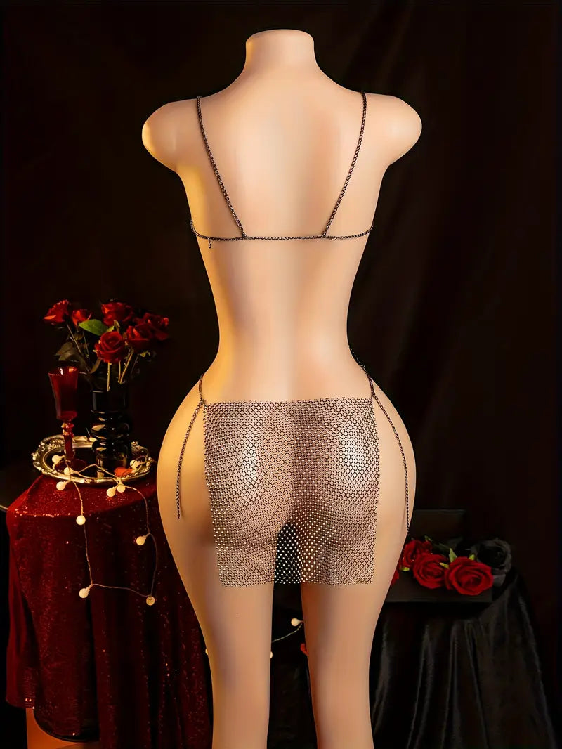 Sexy Lingerie Dresses Hollow Out See Through Shiny Diamond Dresses Ladies Erotic Costumes Erotic Dresses