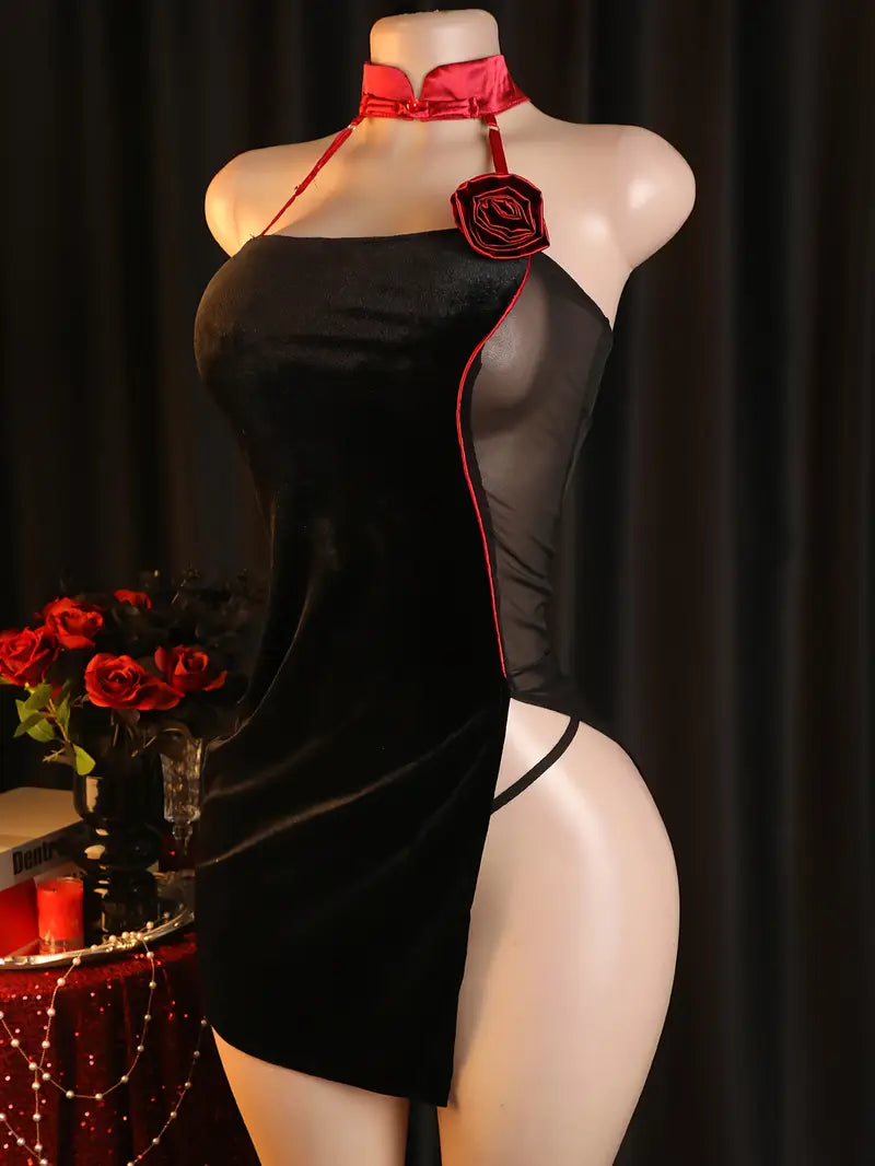 Sexy costume set, specific for Halloween and Valentine's Day, black COS gothic rose witch dark queen uniform set including dress and panties