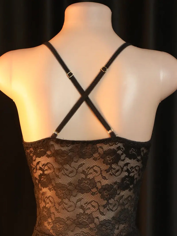 Sexy and hot lace rose bodysuit, black sheer camisole nightgown with an open crotch, temptation without removal, shameful bed dates, passionate new combat uniform, bold lingerie, exposing exotic and enticing underwear.