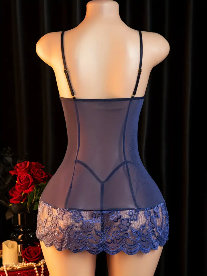 New sexy nightgown with floral lace and sheer design, bed passion nightgown set includes skirt and panties