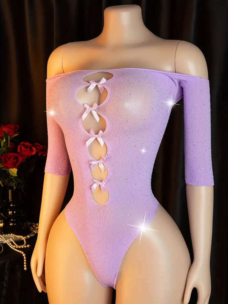 Sexy bodysuit, purple sparkling, adorned with a cute bow, off-shoulder design