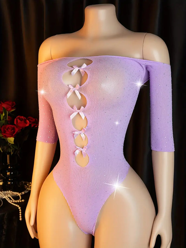 Sexy bodysuit, purple sparkling, adorned with a cute bow, off-shoulder design
