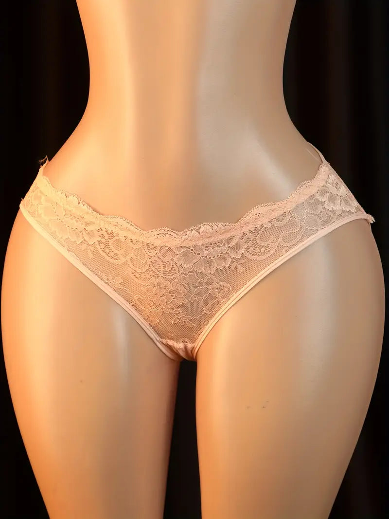 Sexy plus-size lingerie panties in pink lace with bow and bell, seductive sheer thong for teasing, open-crotch design for easy access, passionate new style with revealing exotic charm, alluring hollow-out thong underwear.