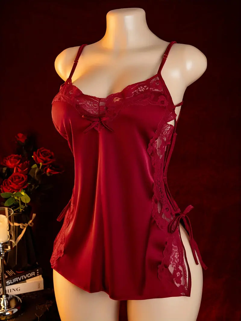 Plus size sexy lingerie sheer lace side tie lost slinky nightgown pure desire revealing chest temptation small bust date waist hollow sleepwear set bed passion no removal battle robe bold lingerie exposing exotic alluring outfits adjustable tie sizes.