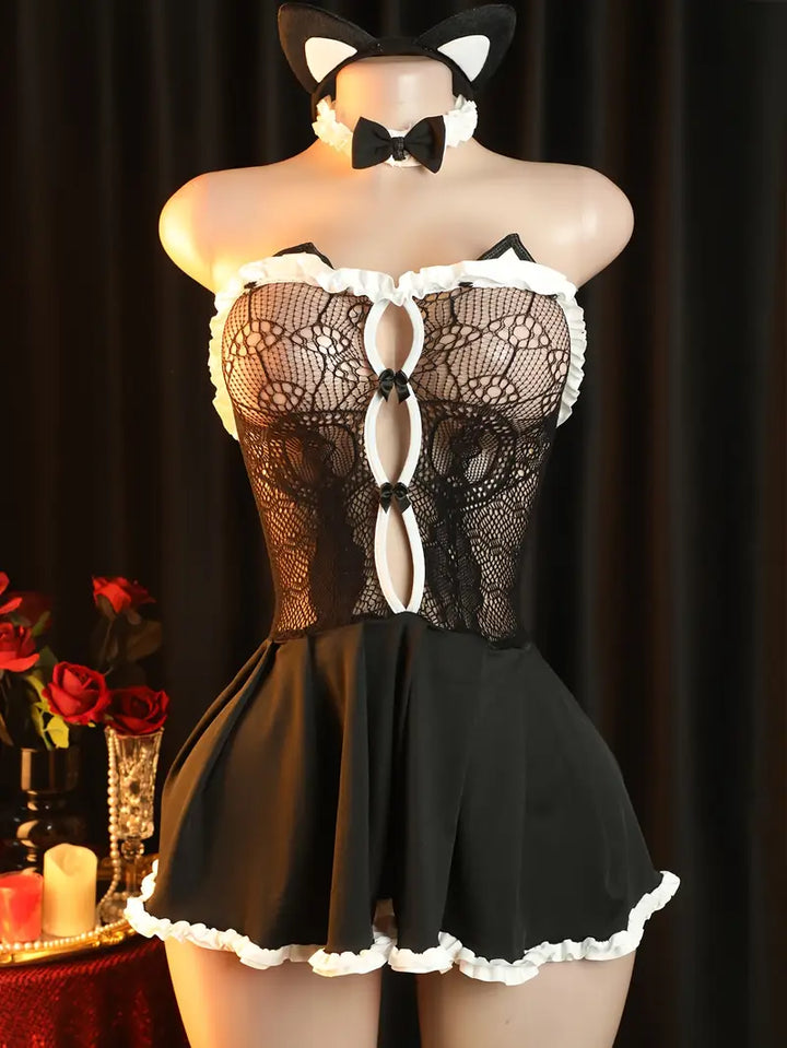 Sexy lingerie, sexy maid outfit, strapless see-through uniform temptation, cute kitten pajamas, role-playing passion set, open-crotch daring lingerie, revealing exotic tempting underwear.