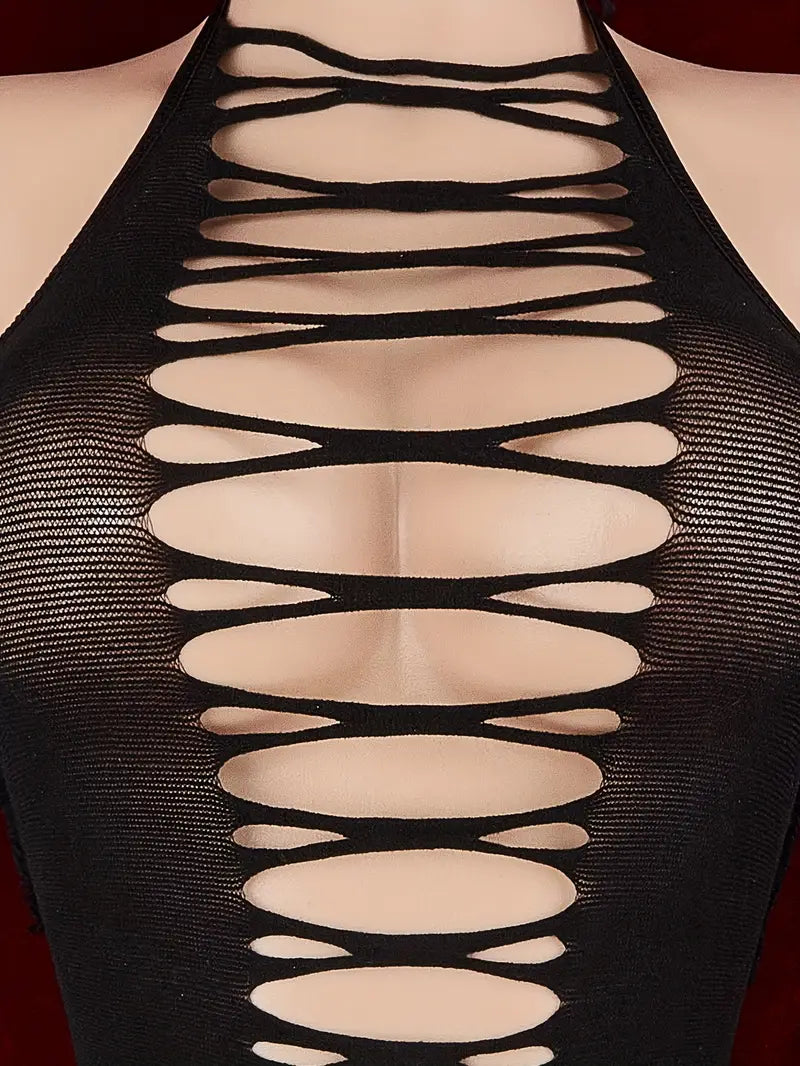 Plus size erotic lingerie, crazy shark strap halterneck one-piece mesh, sexy suspender fishnet jumpsuit, cut-out see-through sleeveless mesh tights, women's sexy lingerie, black