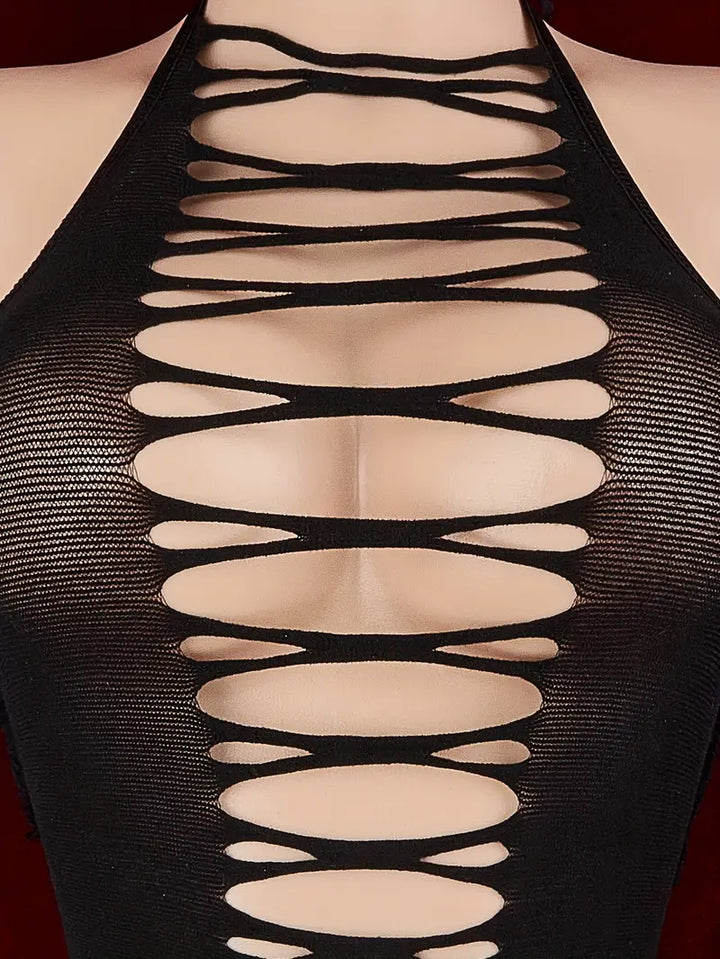 Plus size erotic lingerie, crazy shark strap halterneck one-piece mesh, sexy suspender fishnet jumpsuit, cut-out see-through sleeveless mesh tights, women's sexy lingerie, black