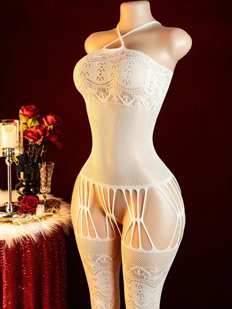 Sexy Bodysuit White Hollow Jacquard Pattern Strappy Bodysuit