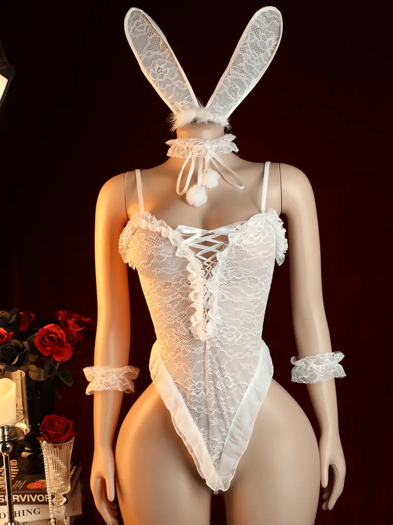 Sexy women's bodysuit, deep V-neck drawstring floral print front bow bodysuit, backless crotch bodysuit, with cute rabbit ear straps, sexy lingerie and women's bottoms