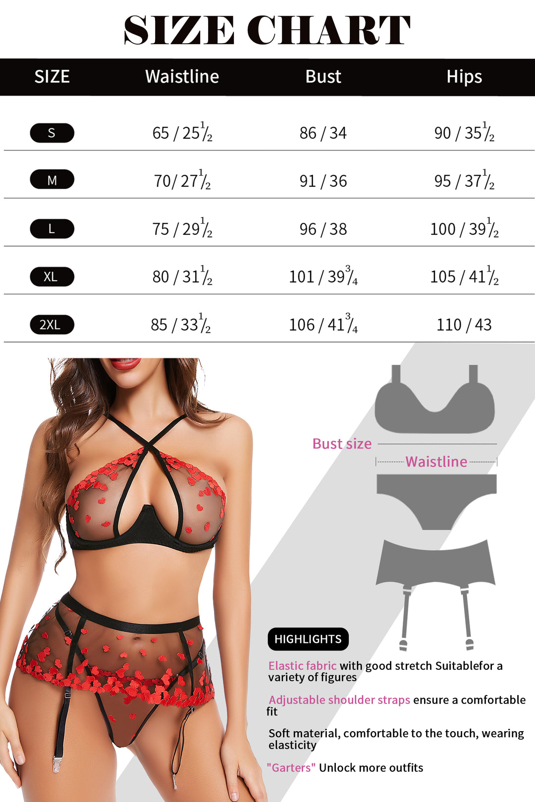 ADSEXY Sexy Set Bra + Panty + Liguero con Medias Lencería para Mujer