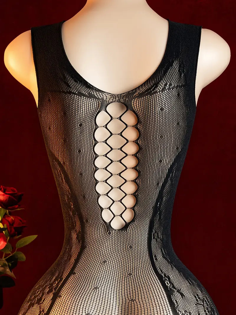 Plus size sexy dress, black front hollow-out jacquard pattern mesh dress