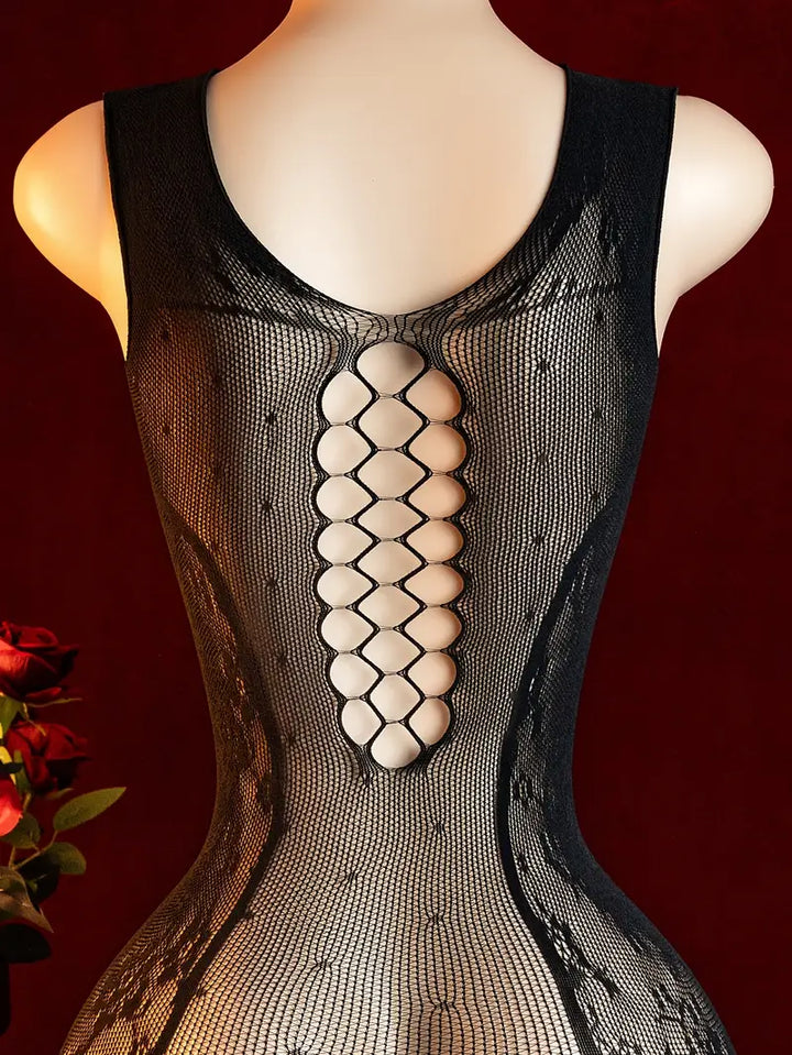 Plus size sexy dress, black front hollow-out jacquard pattern mesh dress