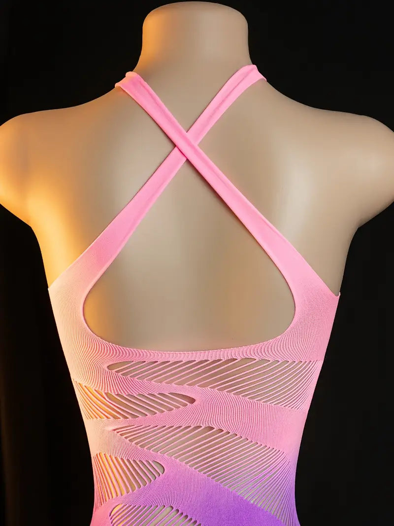 Sexy Bodystocking Lingerie Jumpsuit Sexy Hole Jacquard See-Through Mesh Dress Wrap Skirt Halter Dress Body Stockings Women Erotic Jumpsuit Body Stockings