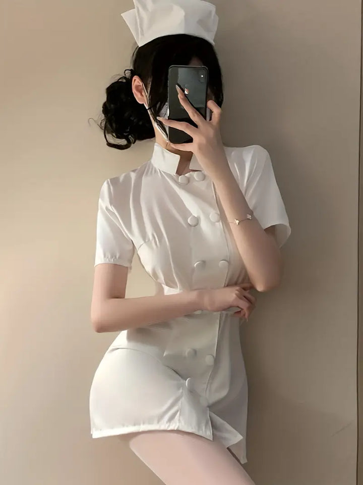 Sexuality Sexy Lingerie White Nurse Uniform Set Waist Wrap Hip Dress See-through Temptation Pajamas Cosplay Passion Set Stripless Bold Erotic Costume Tone Seductive Underwear Panties Pure Lust Style (Including: Dress + Hat + T-Pants + Belt)