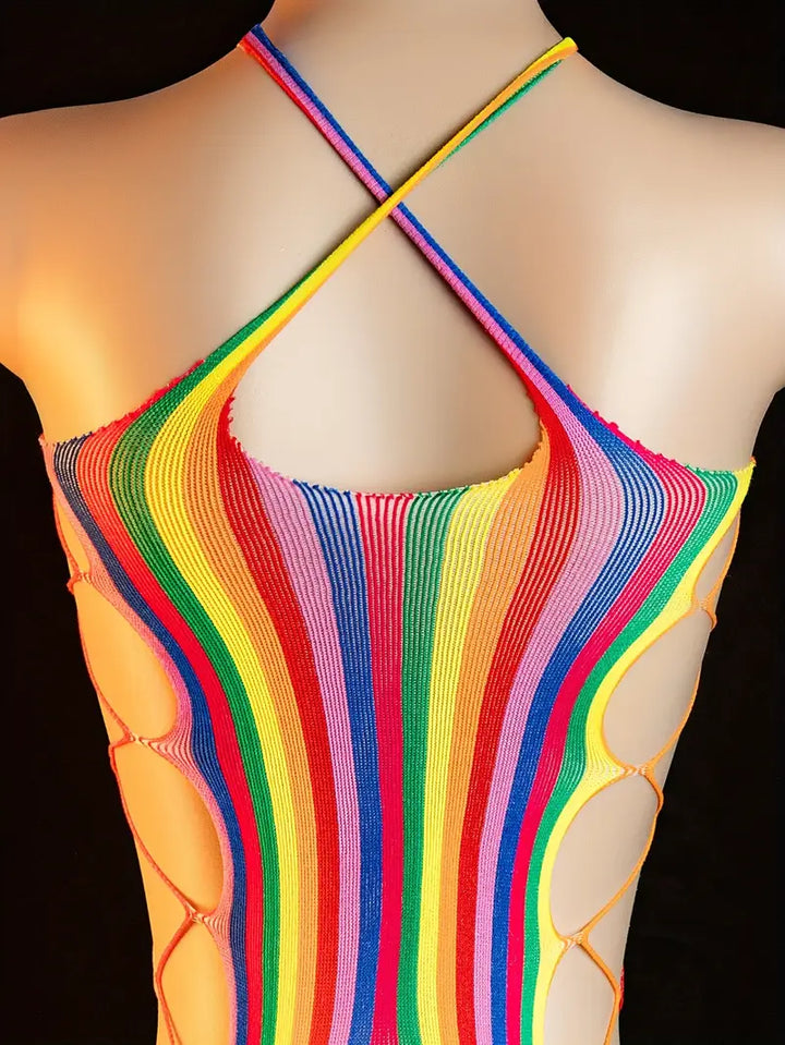Sexy rainbow multicolor side-cutout teddy bodysuit