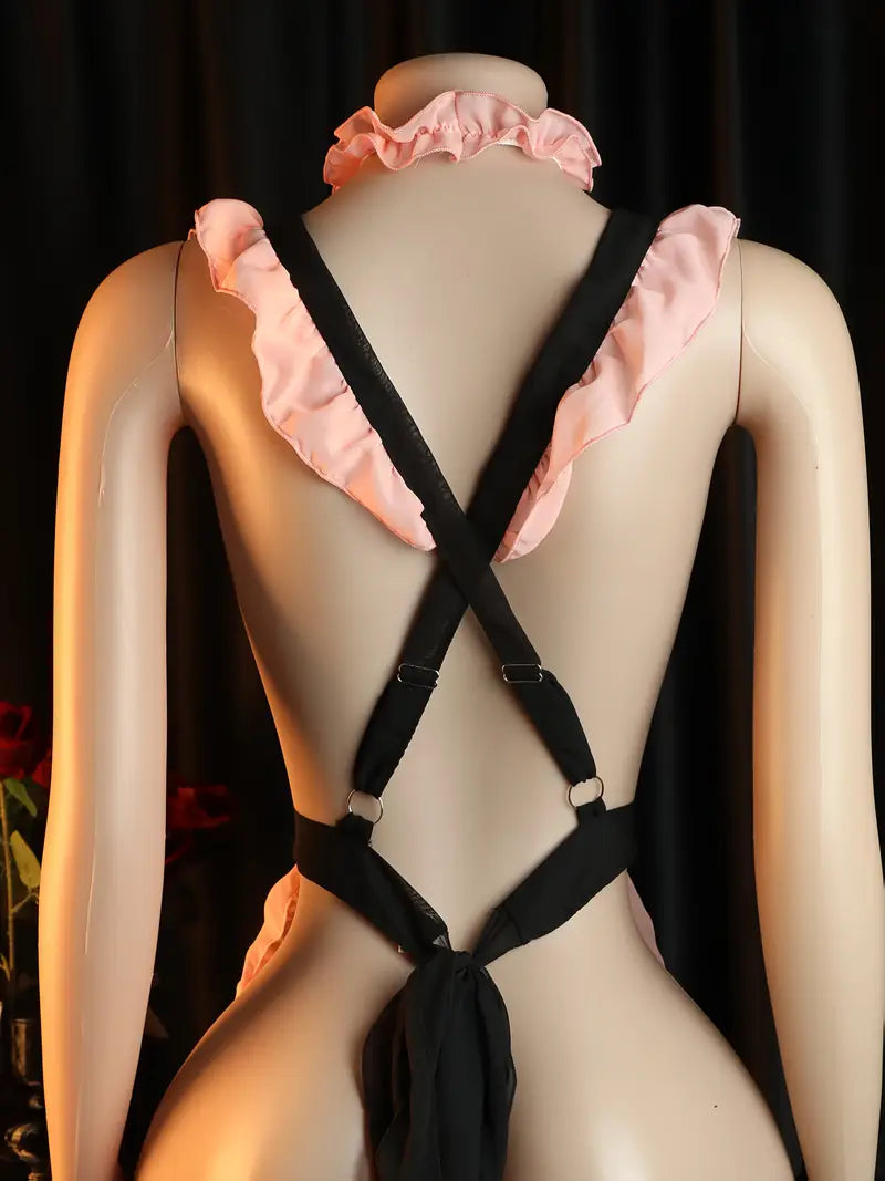 Exotic teddy lingerie women's style, sexy translucent nurse bodysuit, backless self-tie design, cute collar accessories, women's underwear set