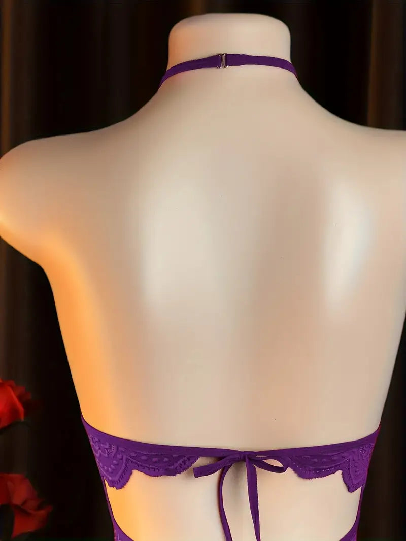 Sexy lace halter neck backless bodysuit with adjustable size and open-crotch design, featuring chest cut-out and sheer tight fit. New Valentine's Day style for passionate dates, daring lingerie outfit with exotic allure in purple.
