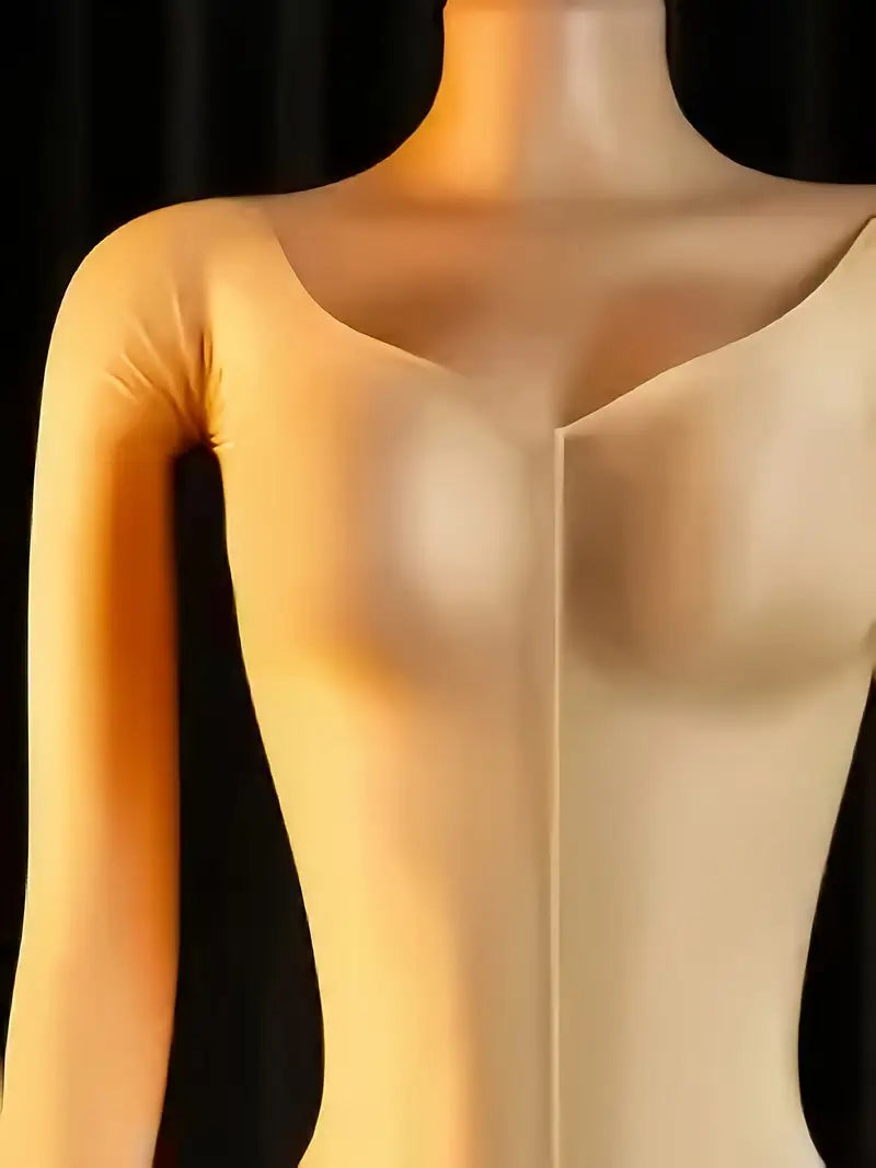 New sexy glossy open-crotch bodysuit, hollow-out V-neck long-sleeve fitted sheer skin-tone fishnet base, bandeau-style one-piece stockings