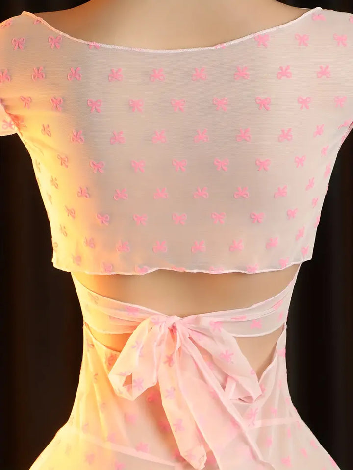 Sexy Dress 2 Piece Set Lingerie Seductive See-through Bow Printed Dress Nightgown Set Skirt Women Erotic Lingerie Women Erotic Costumes Erotic Dresses