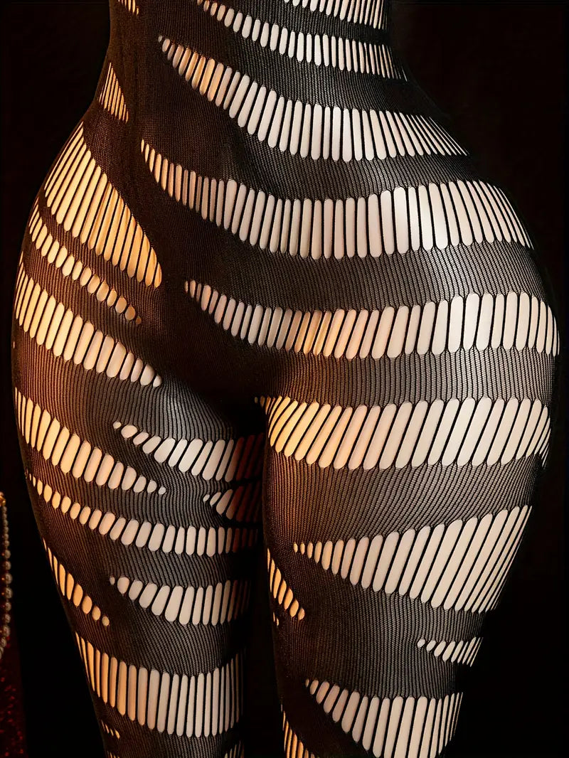 Plus-size erotic underwear, zebra pattern see-through halterneck leaky chest open crotch open-crotch jumpsuit, sexy suspender fishnet bodysuit, cut-out see-through sleeveless mesh tights, women's black sexy underwear