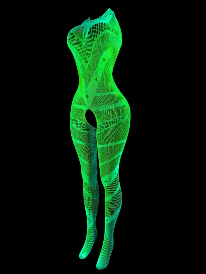 Sexy one-piece suit, luminous green open-crotch bodysuit that glows in the dark