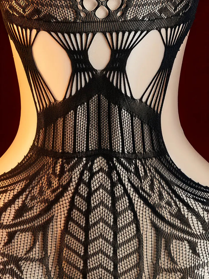 Women's sexy bodysuit with stockings, semi-transparent hollow-out floral pattern, black off-shoulder bodysuit, super stretchy semi-transparent pantyhose