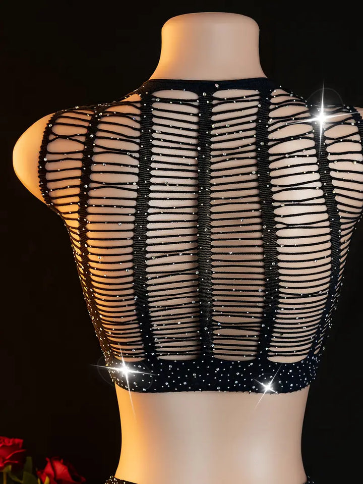 Erotic underwear halterneck leaking chest perm diamond striped one-piece mesh split perverted stockings seduction female black silk open crotch adult flirty black new sexy tights bed passion no take off robe underwear panty set