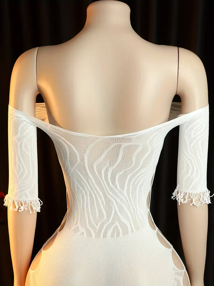 Sexy dress with a playful style, white tassels, off-shoulder and backless, long-sleeve mesh dress