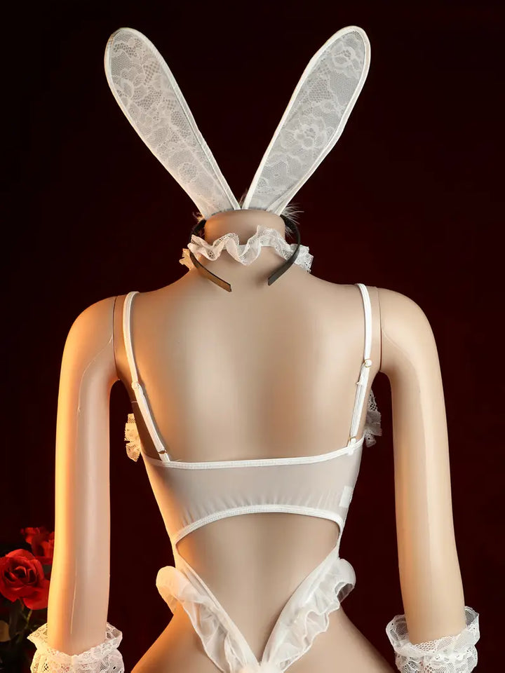 Sexy women's bodysuit, deep V-neck drawstring floral print front bow bodysuit, backless crotch bodysuit, with cute rabbit ear straps, sexy lingerie and women's bottoms