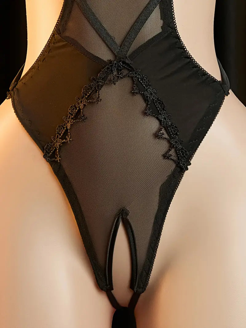 Erotic lingerie suspender sexy hot half cup thickened chest pad jumpsuit chest cutout big open back one-piece crotch tights new bold erotic costume exposing exotic seductive underwear black small breasts show big