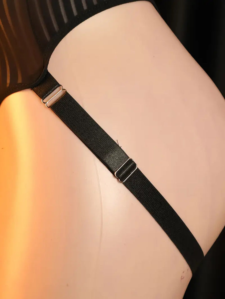 New Sexy Bodysuit - Sexy Black Ice Silky Fiber Fabric Striped Panty Strap Bodysuit
