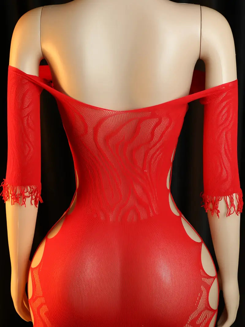 Lingerie: Sexy red tassel lace side cut-out off-shoulder dress