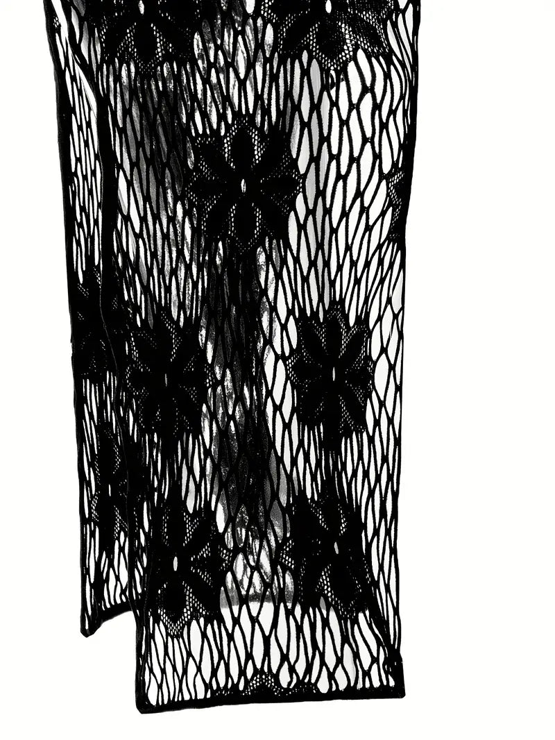 Plus size erotic lingerie sexy suspender cutout mesh open crotch stockings fishnet bodysuit see-through sleeveless mesh tights women's sexy lingerie black flower slit mesh jacket