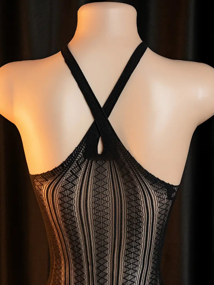 Plus-size erotic underwear, suspender halterneck chestless one-piece mesh suit, sexy loophole fishnet jumpsuit, chest cut-out see-through large mesh tights, women's sexy underwear new black
