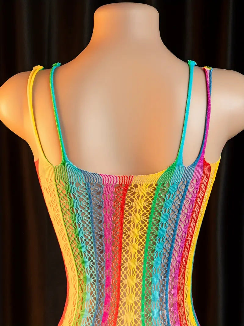 Sexy Bodystocking Bodysuit Lingerie Seductive Hollow Out Colorful Striped One-Piece Mesh Dress One-Piece Stockings Women'S Clothing Sexy Fishnet Jumpsuits Bodystocking
