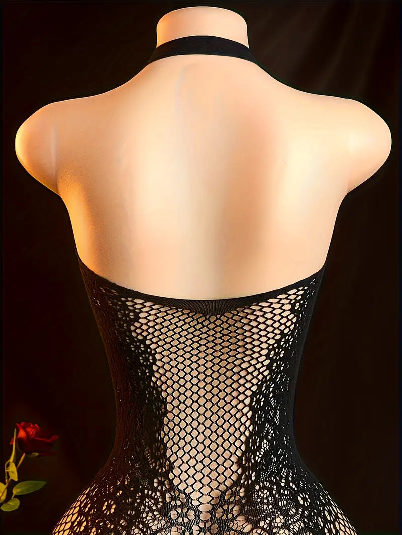 Erotic underwear opening halterneck chestless one-piece mesh, sexy suspender fishnet tights, openwork see-through sleeveless mesh bodysuit, women's sexy underwear and underwear